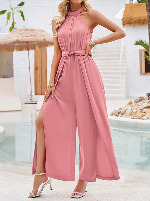 Pleated Solid Color Split-Front Tied Waist High Waisted Loose Halter-Neck Jumpsuits