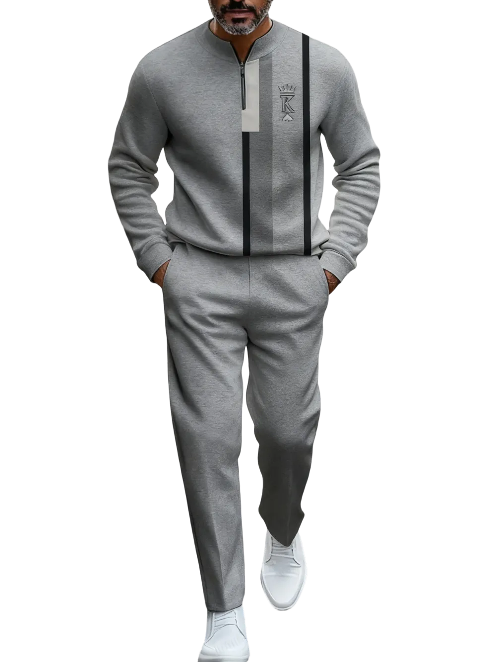 Men's Fashion New Retro Beige & Brown Block Semi-Cardigan Set