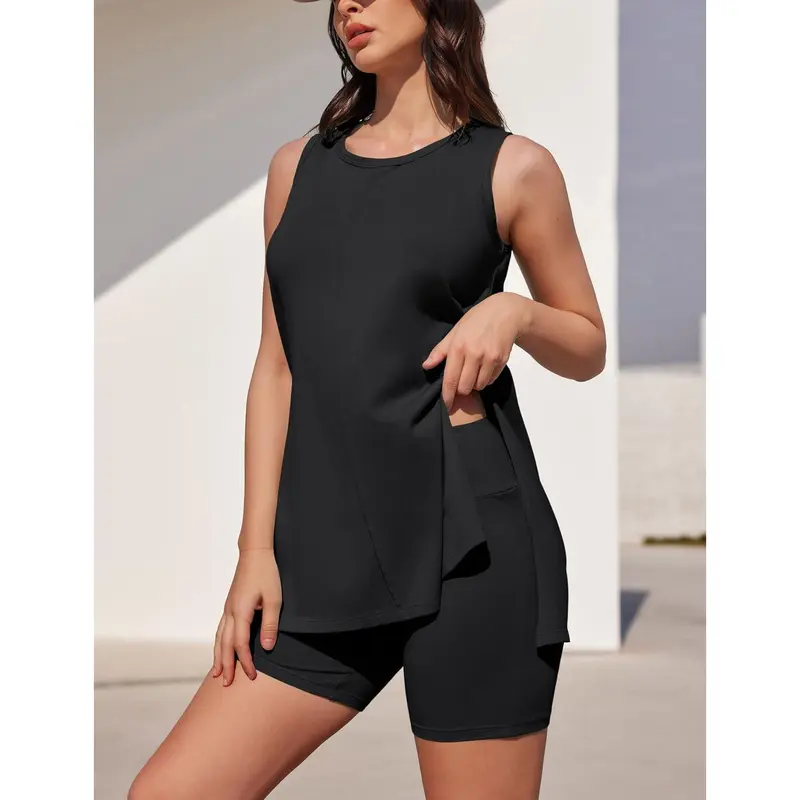 Yousify Women's Summer 2 Piece Outfits Sleeveless High Low Spilt Hem Tank Top Biker Shorts Sets Lounge Set Tracksuit