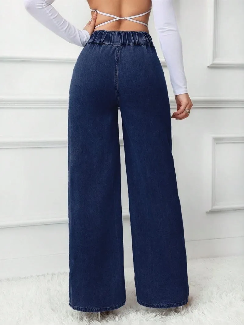 Women's vintage elegant high-waisted wide-leg jeans