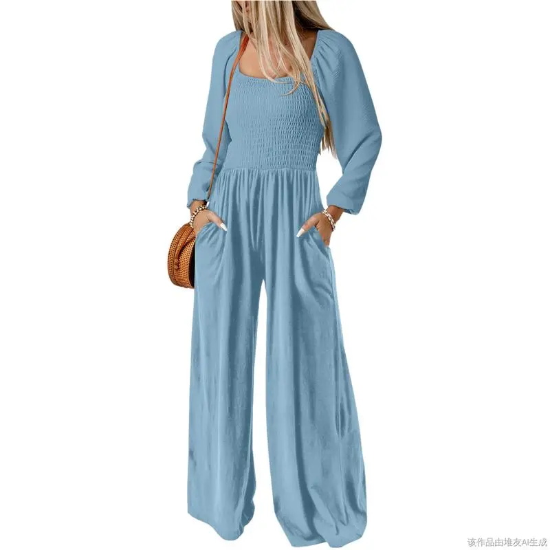 Women's Casual Loose Overalls Jumpsuits One Piece Long Sleeve Wide Leg Long Pant Rompers With Pockets