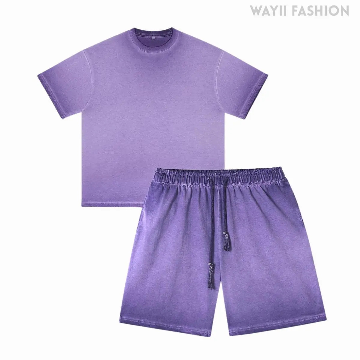 Fashion Tshirt & Shorts Set Summer Washed Cotton Dirty Washed Trendy Gradient Color Men's and Women's Suits, Short-sleeved Tops Paired with Shorts, Retro Outfits.