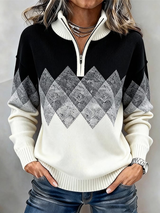 Women'S Casual Turtleneck Color-Blocked Print Pullover