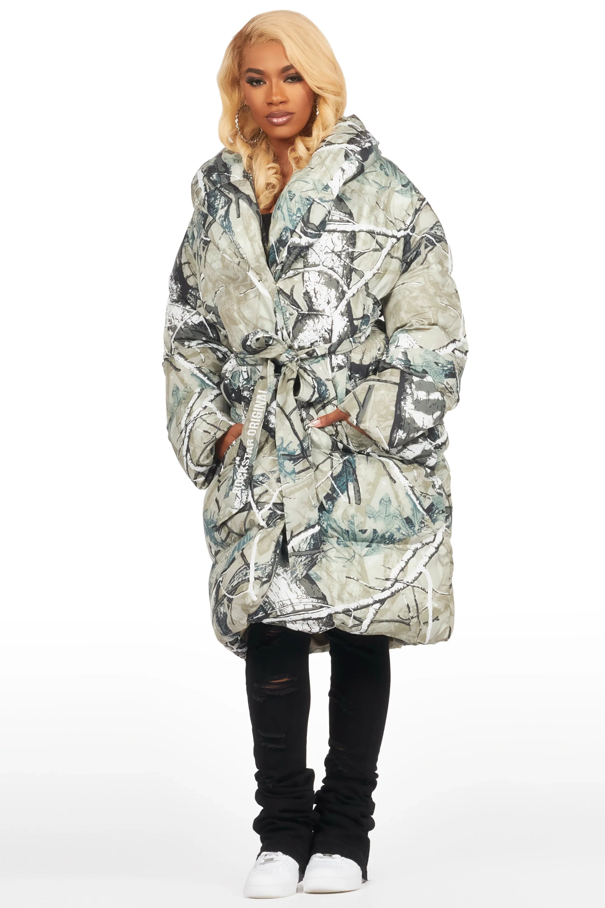 Sehrazat Tree Camo Long Wrap Puffer Jacket