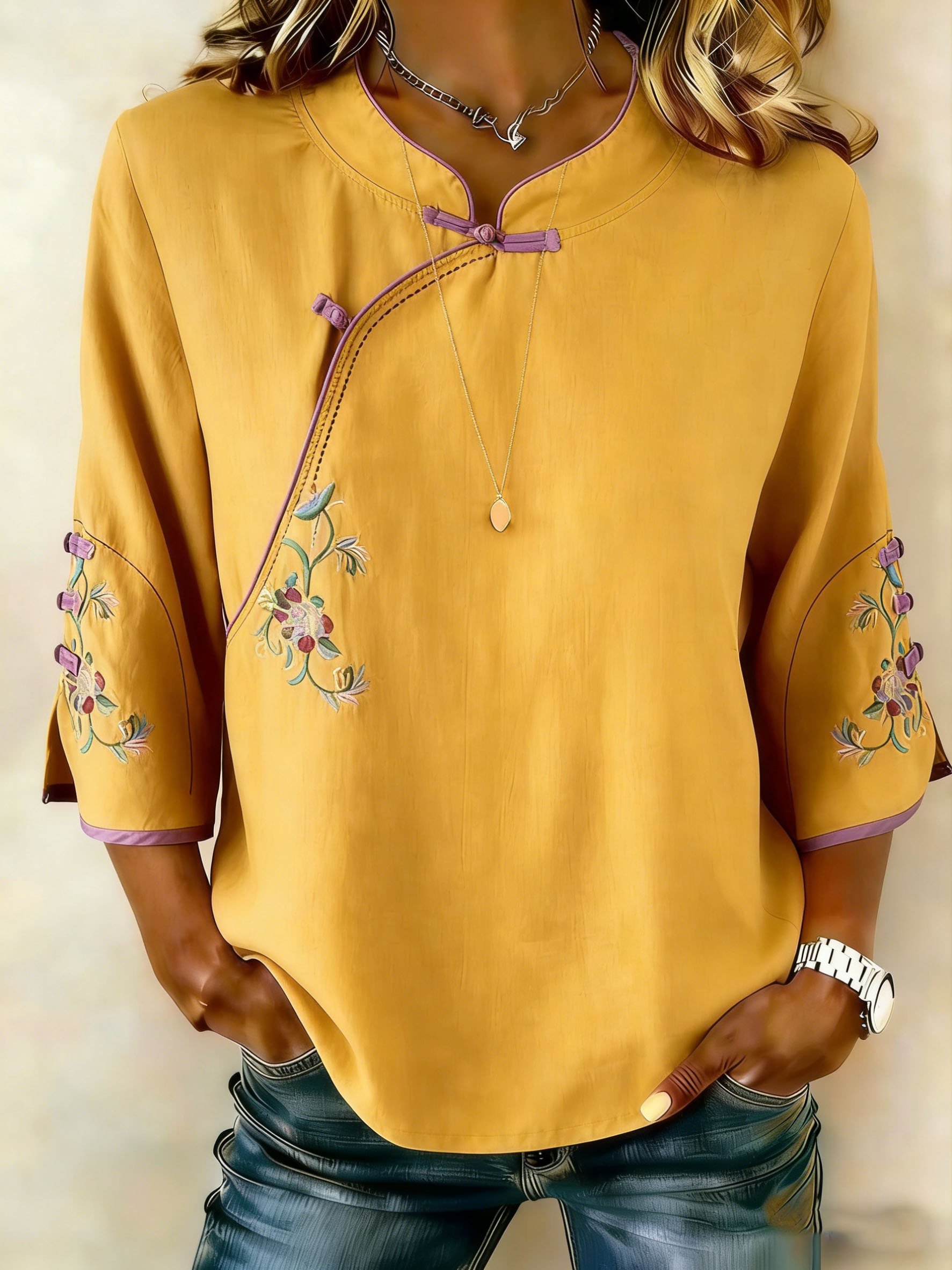 Women's Retro Floral Diagonal Placket Button Cotton Linen Three-Quarter Sleeve Shirt