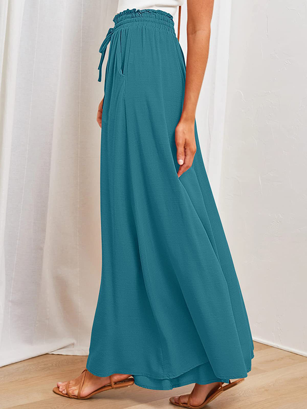 Drawstring Elasticity Pleated Pockets Solid Color High Waisted Loose Trousers Pants