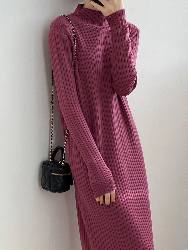 Fringed Solid Color Long Sleeves Loose Mock Neck Sweater Dresses Midi Dresses