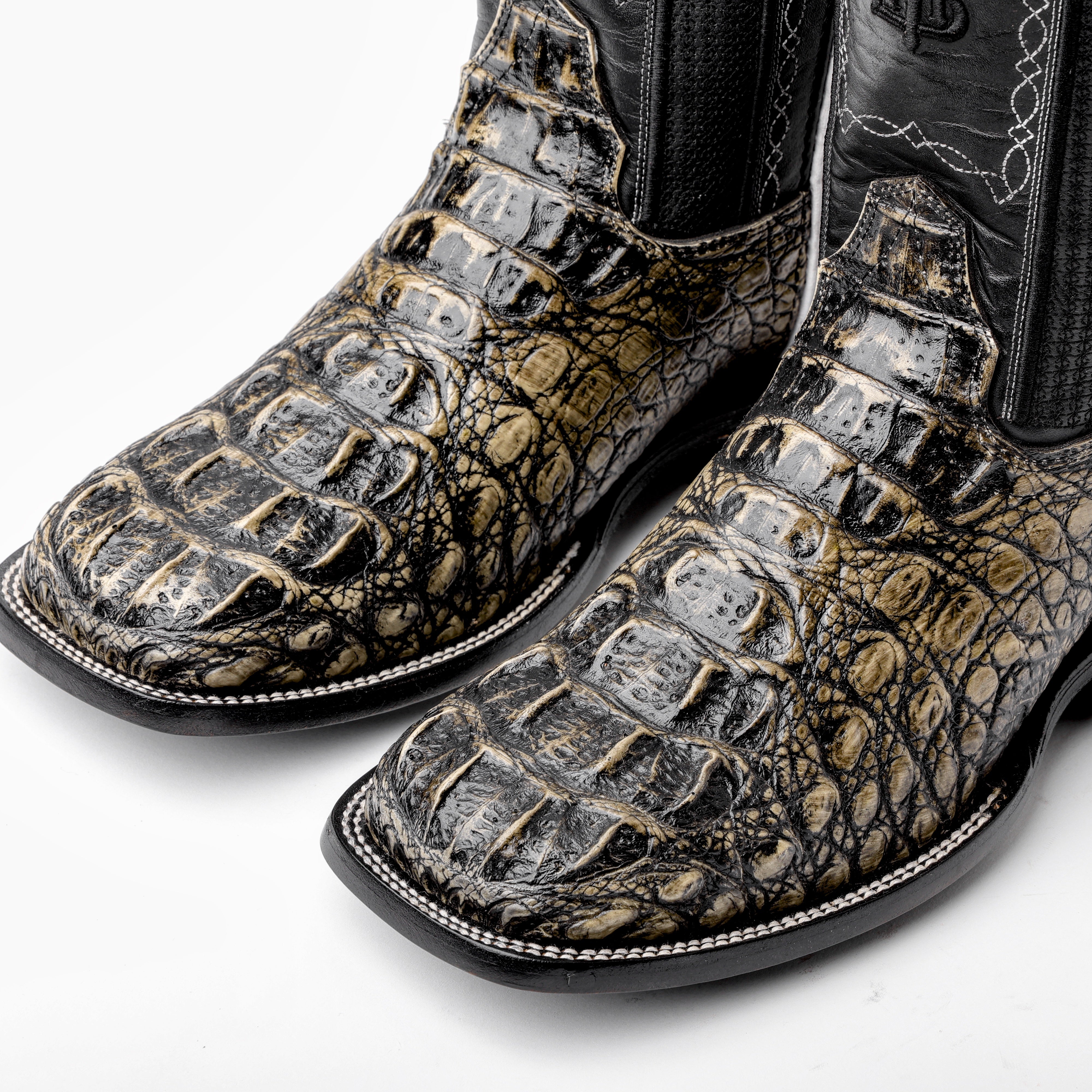 Desert Rustic Caiman Neck Leather Boots - Square Toe