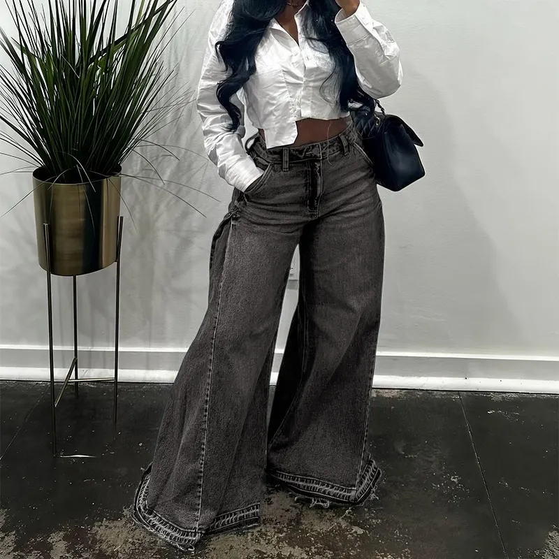 Women Flared Wide Side Loose Jeans High Waist