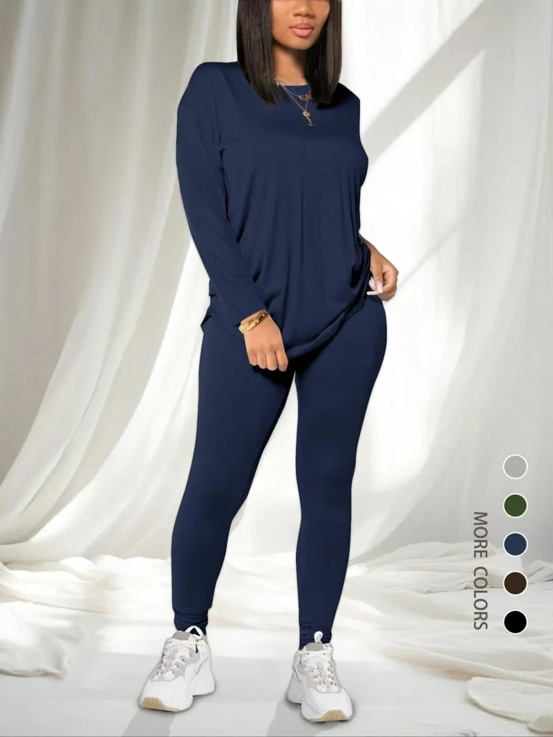 Women's Solid Drop Shoulder Tee & Elastic Waist Skinny Pants Two-piece Set