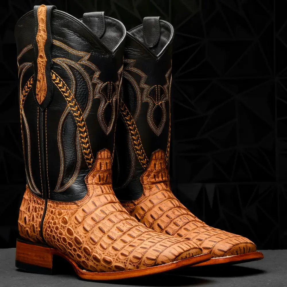 Matte Honey Caiman Hornback Leather Boots - Square Toe