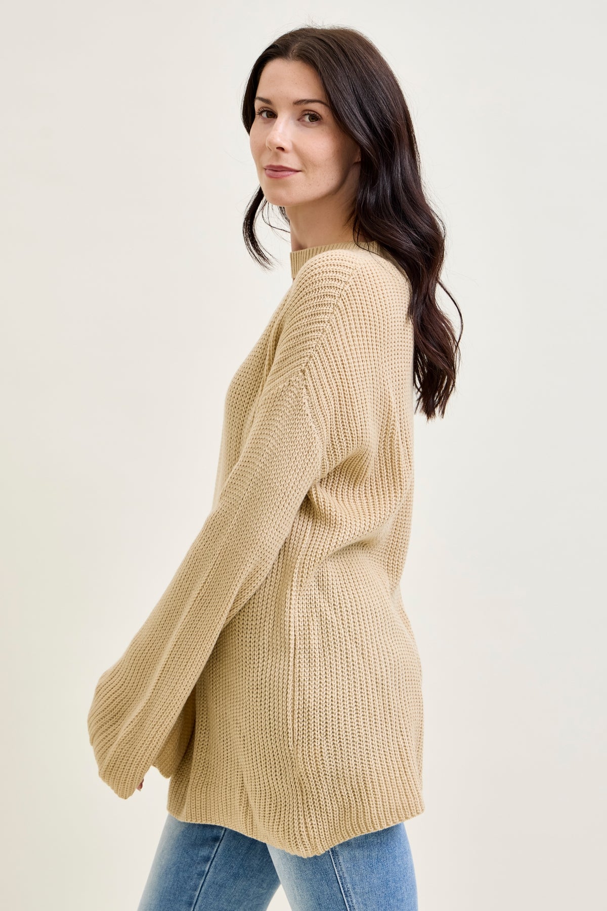 V-Neck Cut Out Pullover Beige Sweater