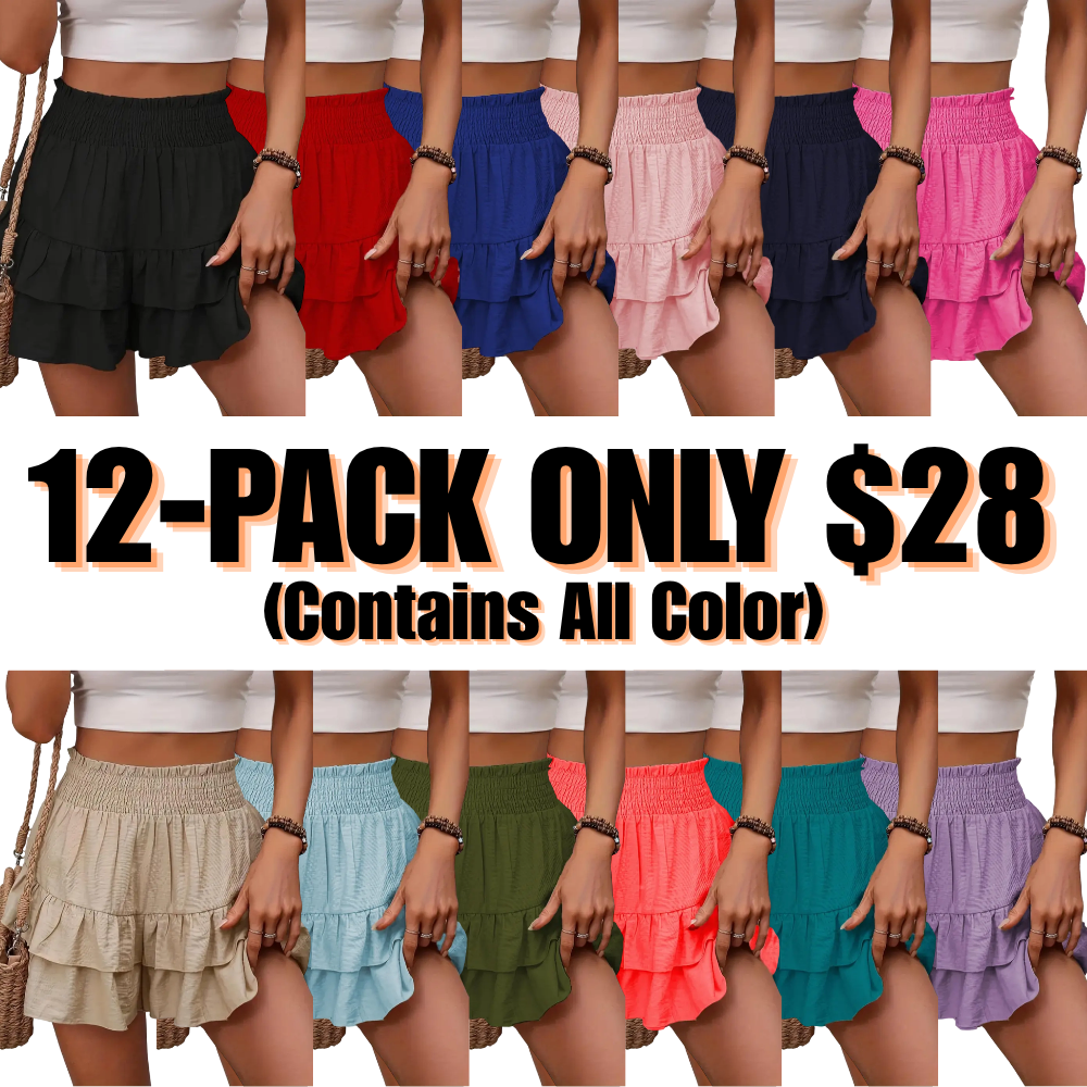 ✨Women's Frill Trim Ruffle Hem Shirred High Waist Shorts, Boho Casual Tiered Layer Shorts🩳