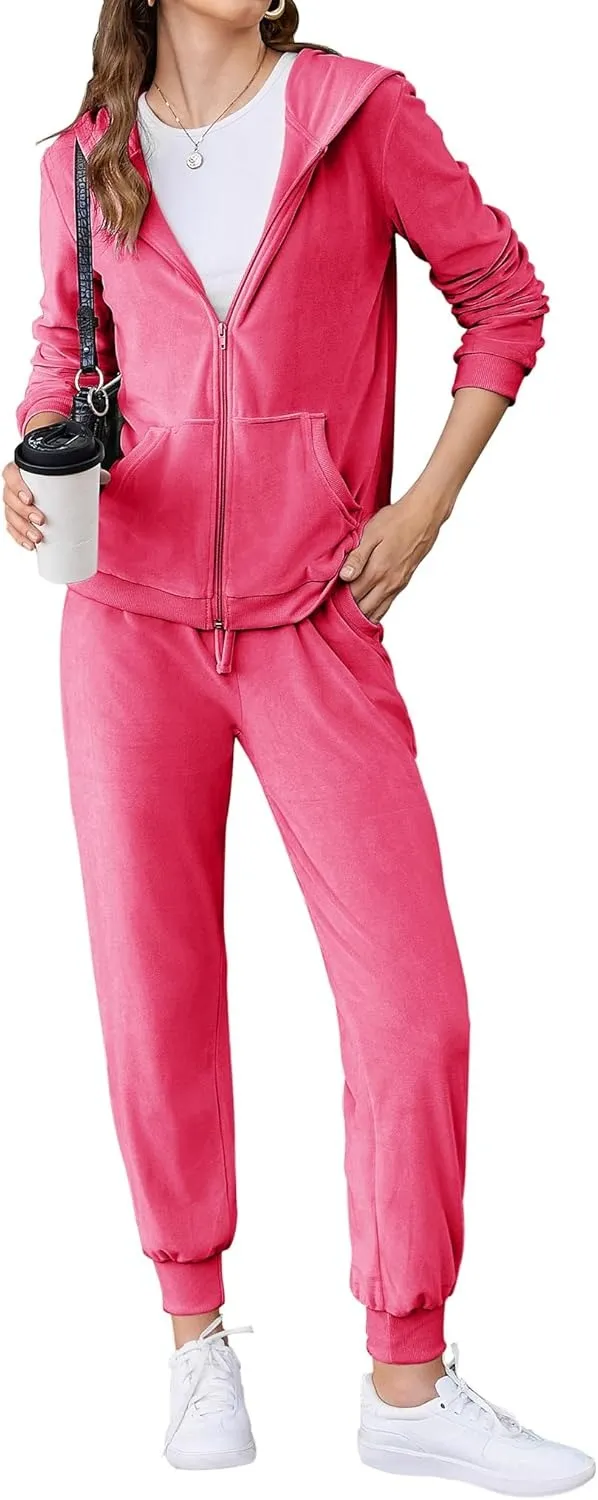 Women's Casual Velour Tracksuit Set Full Zipper Hoodie