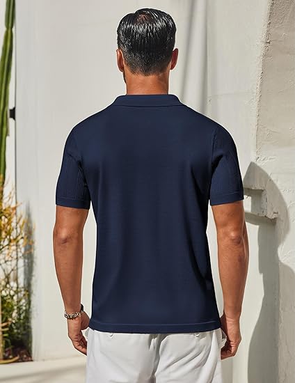 Men's Knit Button Down Shirts Short Sleeve Polo Shirt Casual Vacation Summer Beach Shirts