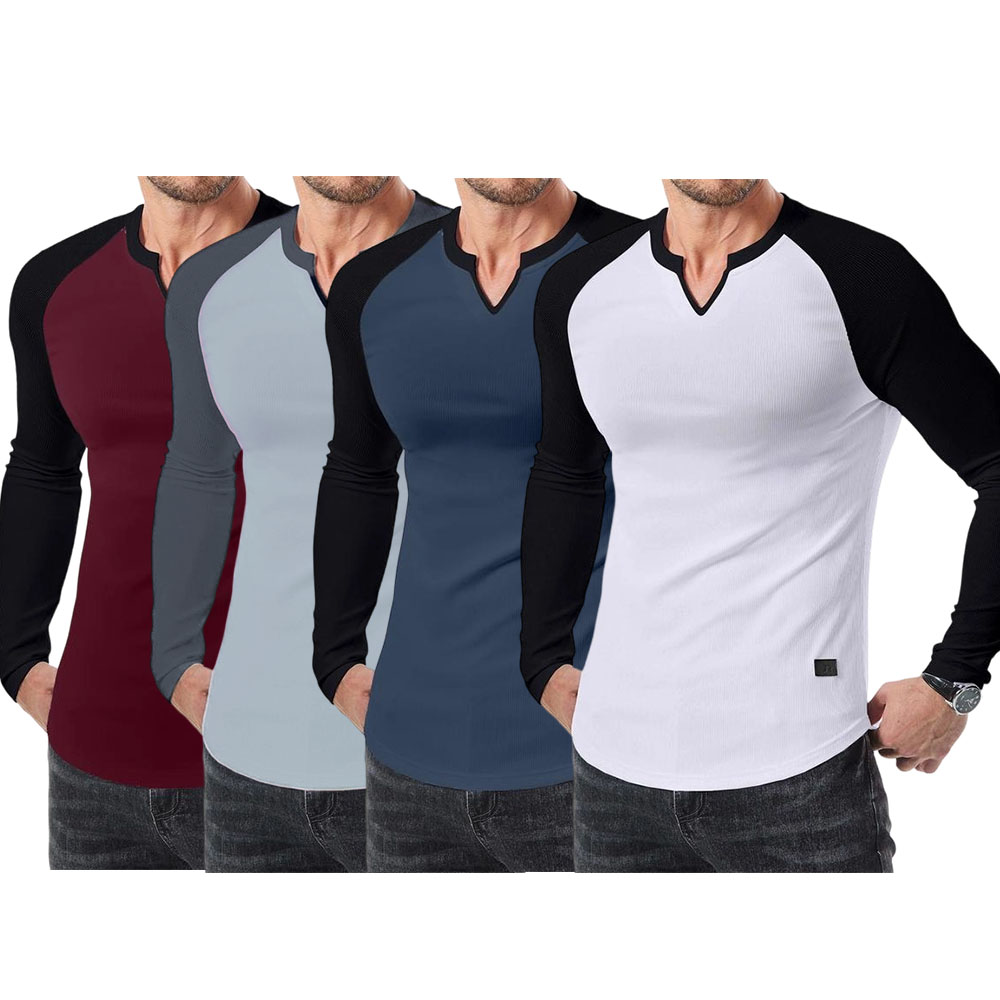 Mens Long Sleeve Muscle T Shirts Casual V-Neck Longline Ribbed Tee Shirts