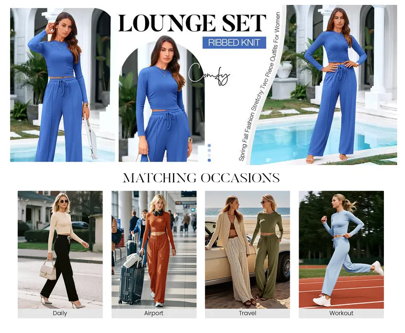 Two-piece ribbed knit long-sleeved cropped top and wide-leg pants