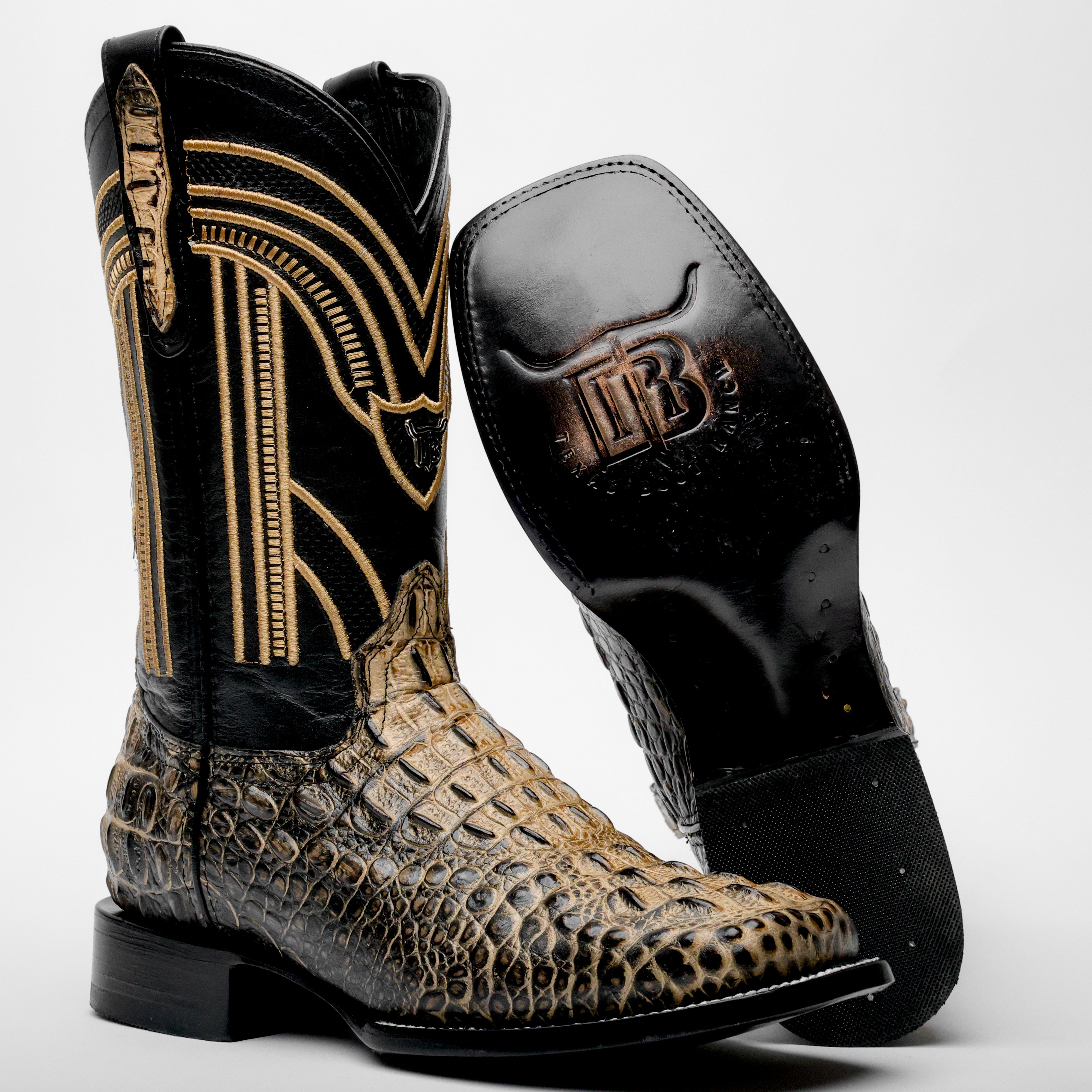 Orix Two-Tone Caiman Neck Leather Boots - Square Toe