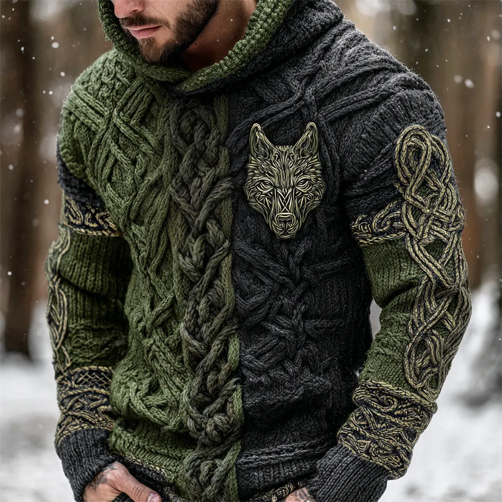 Viking Hellhound Celtic Knot Contrast Color Art Men's Hooded Knit Sweater