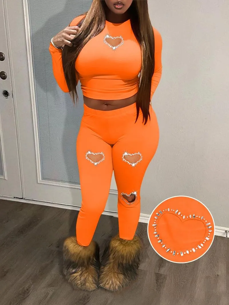Two-Piece Set Women's Rhinestone Heart Decor Cut Out Crop Top & Skinny Pants Set