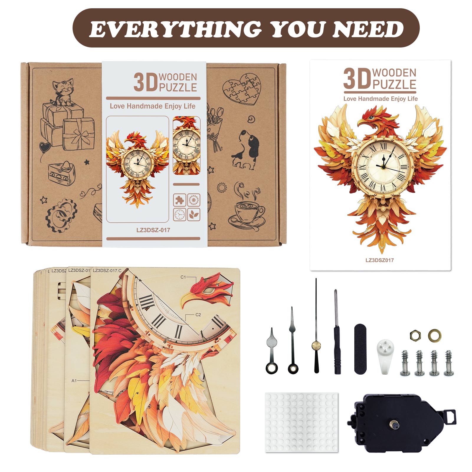 Phoenix– DIY Wooden Clock, 3D Puzzle Craft Kit