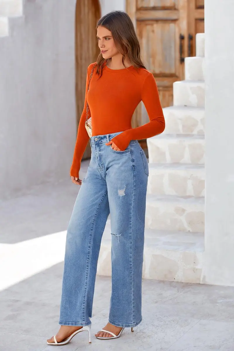 Women's Casual Long Sleeve Crew Neck Top - Slim Fit Basic Going-Out Blouse for Summer & Fall