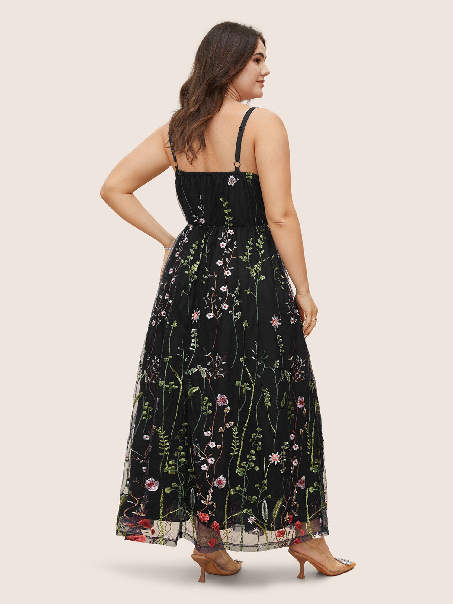 U Neck Floral Embroidered Mesh Cami Dress