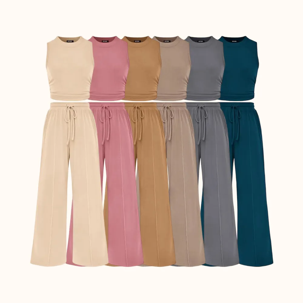 Women's Summer 2-Piece Outfits - Ribbed Knit Crew Neck Sleeveless Cropped Top & Wide Leg Pants Lounge Set