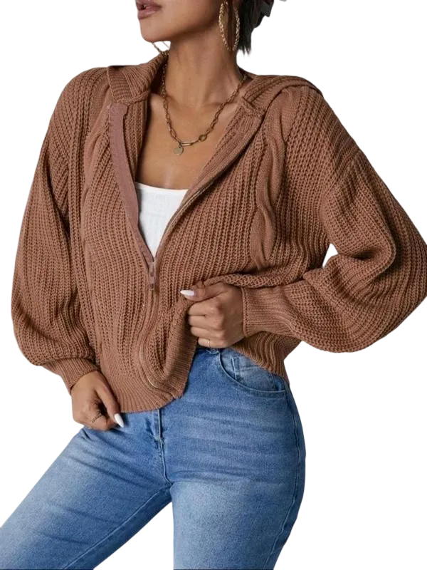 Women's Plain Zip Up Hooded Cardigan
