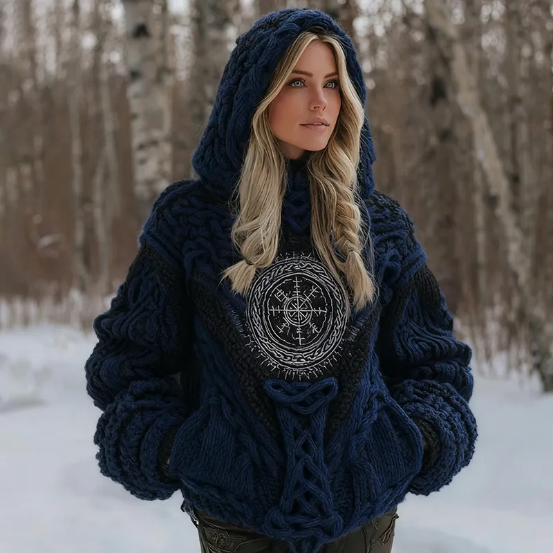 Women's Viking Celtic Knot Vegvisir Rune Knit Hooded Sweater