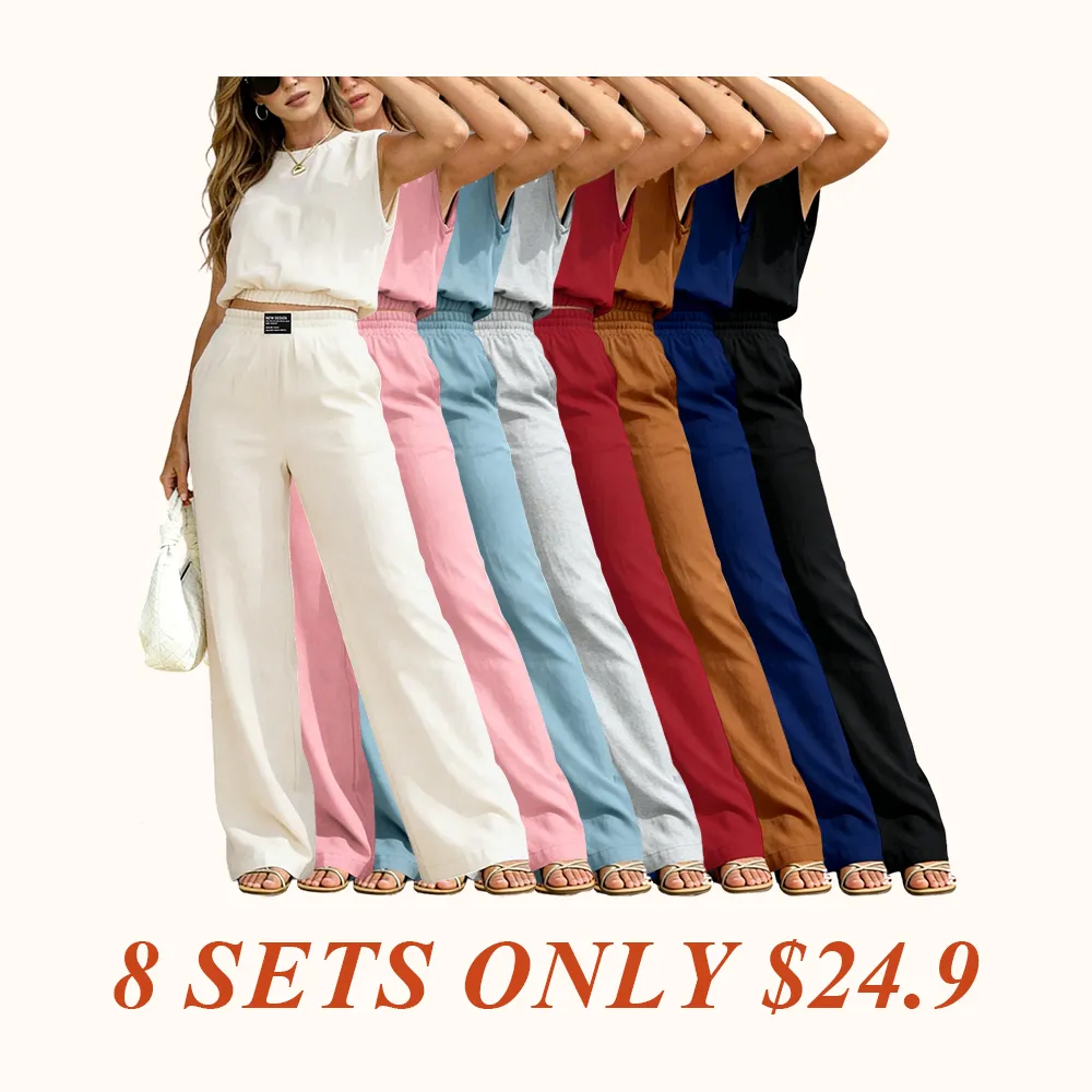 Viral Summer Two Piece Outfit for Women, Womenswear Sleeveless Crop Top and High Waist Wide Leg Pants