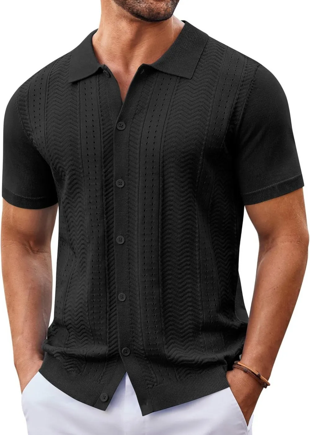 Mens Knit Button Down Shirt Short Sleeve Summer Casual Shirts Vintage Beach Vacation Shirts