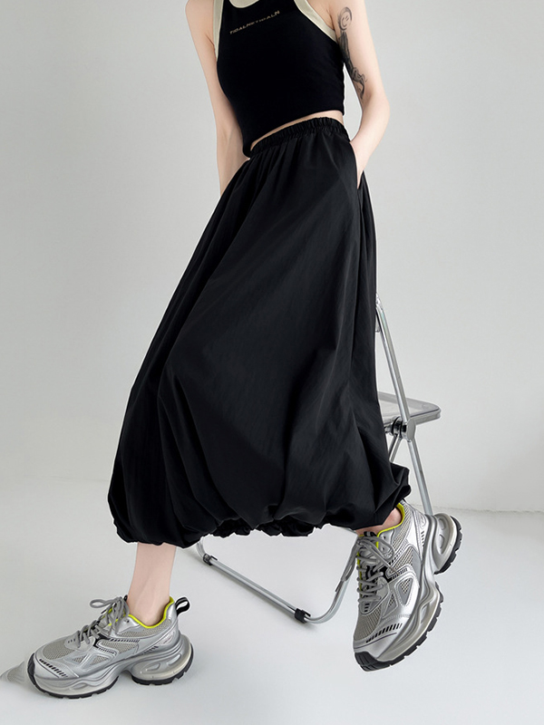 Elasticity Pleated Pockets Solid Color A-Line Loose Skirts Bottoms