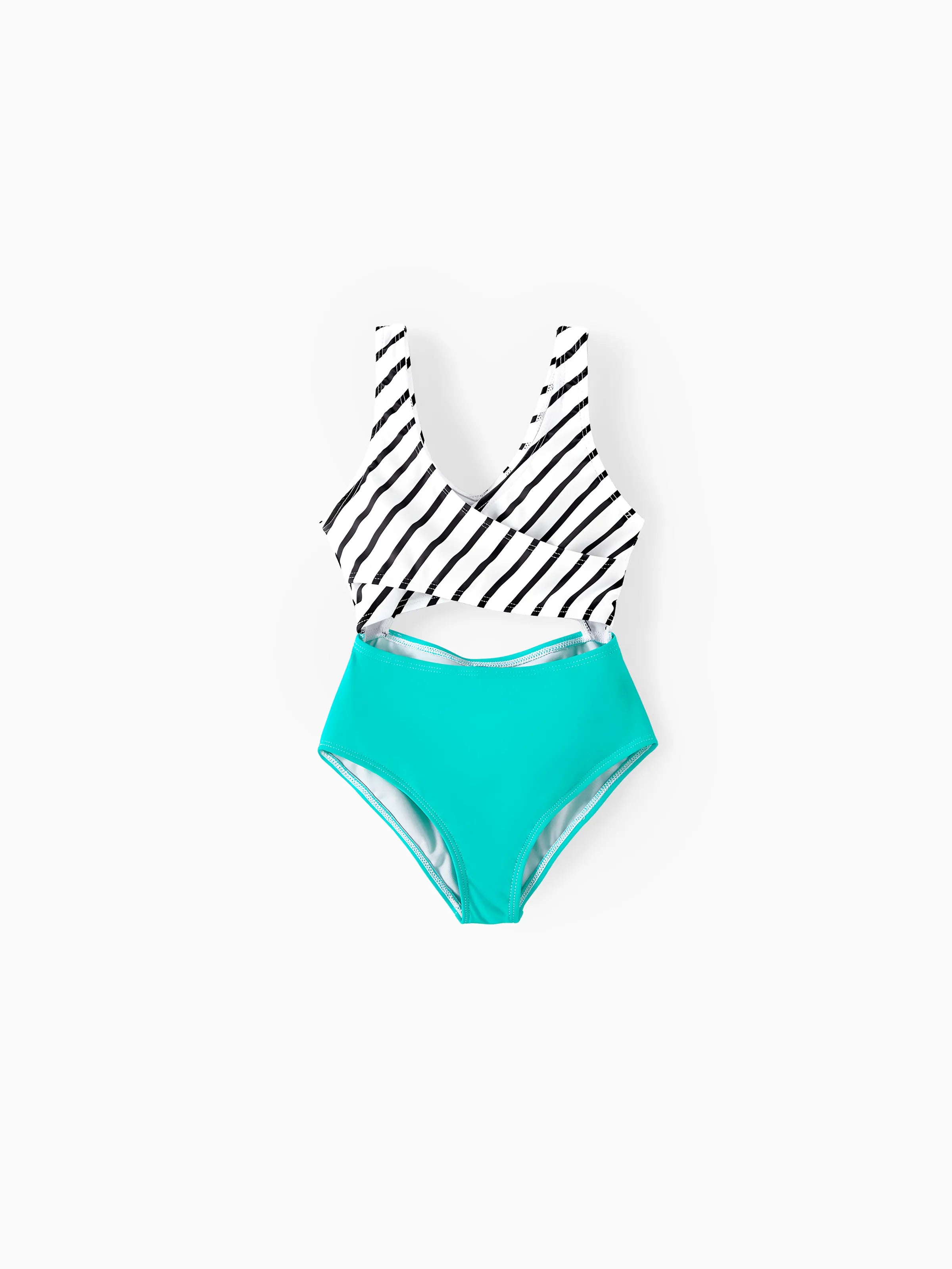 Family Matching Striped Spliced Cut Out One-piece Swimsuit and Colorblock Swim Trunks Green/White