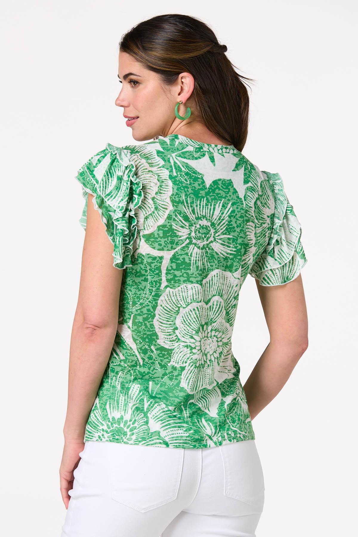 Green Floral Burnout Top