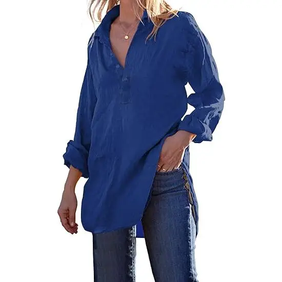 Womens Cotton Linen Tunic Shirts Button Down Long Sleeve Blouse Tops Beach Cover Up