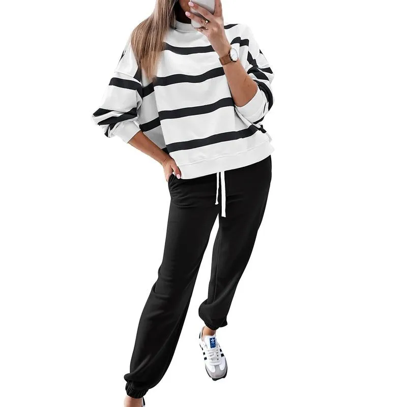 Women's Striped Two Piece Outfit Long Sleeve Drop Shoulder Pullover Tops & Jogger Pants Sets