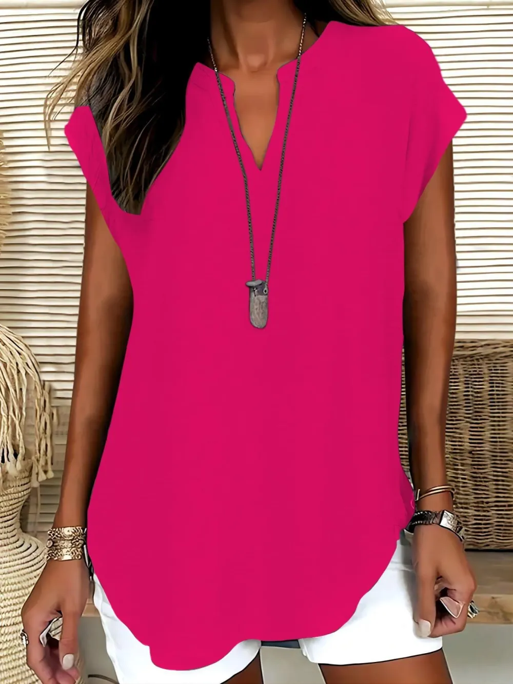 Women's Plain Notched Neck Blouse, Casual Elegant Basic Top for Summer