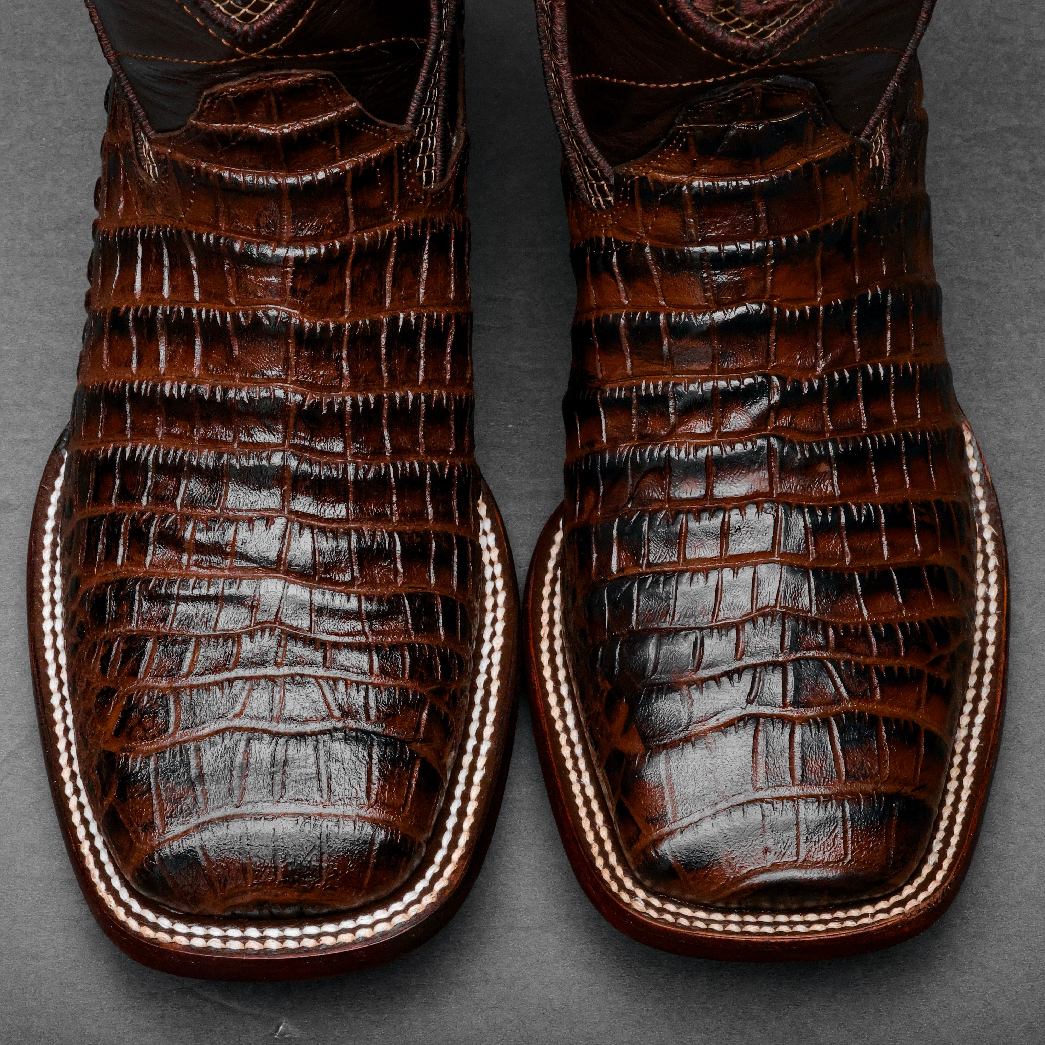 Chocolate Brown Caiman Belly Leather Boots - Square Toe
