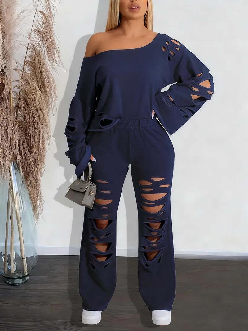 Women's Ripped Asymmetrical Neck Pullover & Wide Leg Pants Set