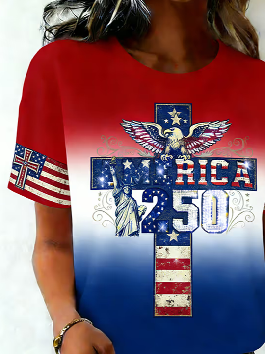 Women's Short Sleeve T-shirt Summer As Picture Independence Day (Flag) Printing Jersey Crew Neck Daily Going Out Casual Top