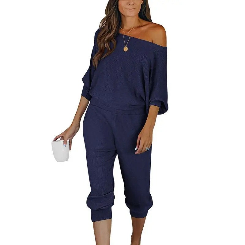 Women's 2-Piece Set Ribbed Knit Off Shoulder Tops Lounge Pants Tracksuit