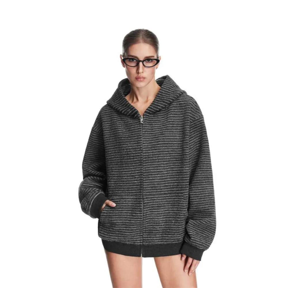 Women’s Striped Fur Collar Zip Hoodie