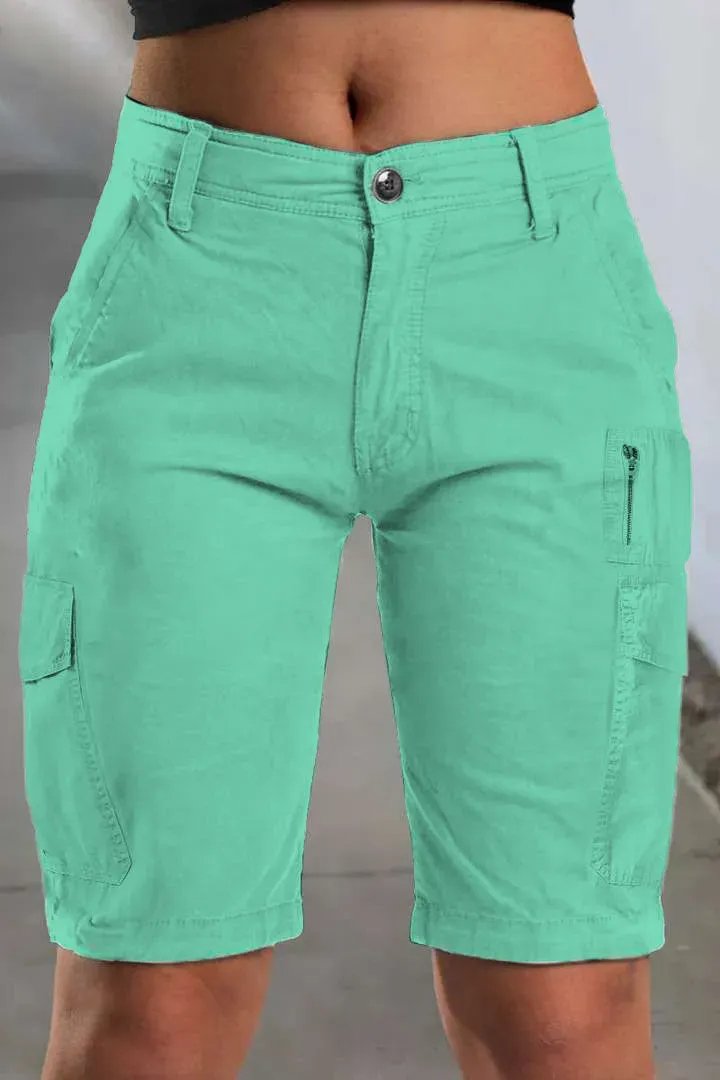 Solid Multi Pocket Mid Rise Bermuda Cargo Shorts