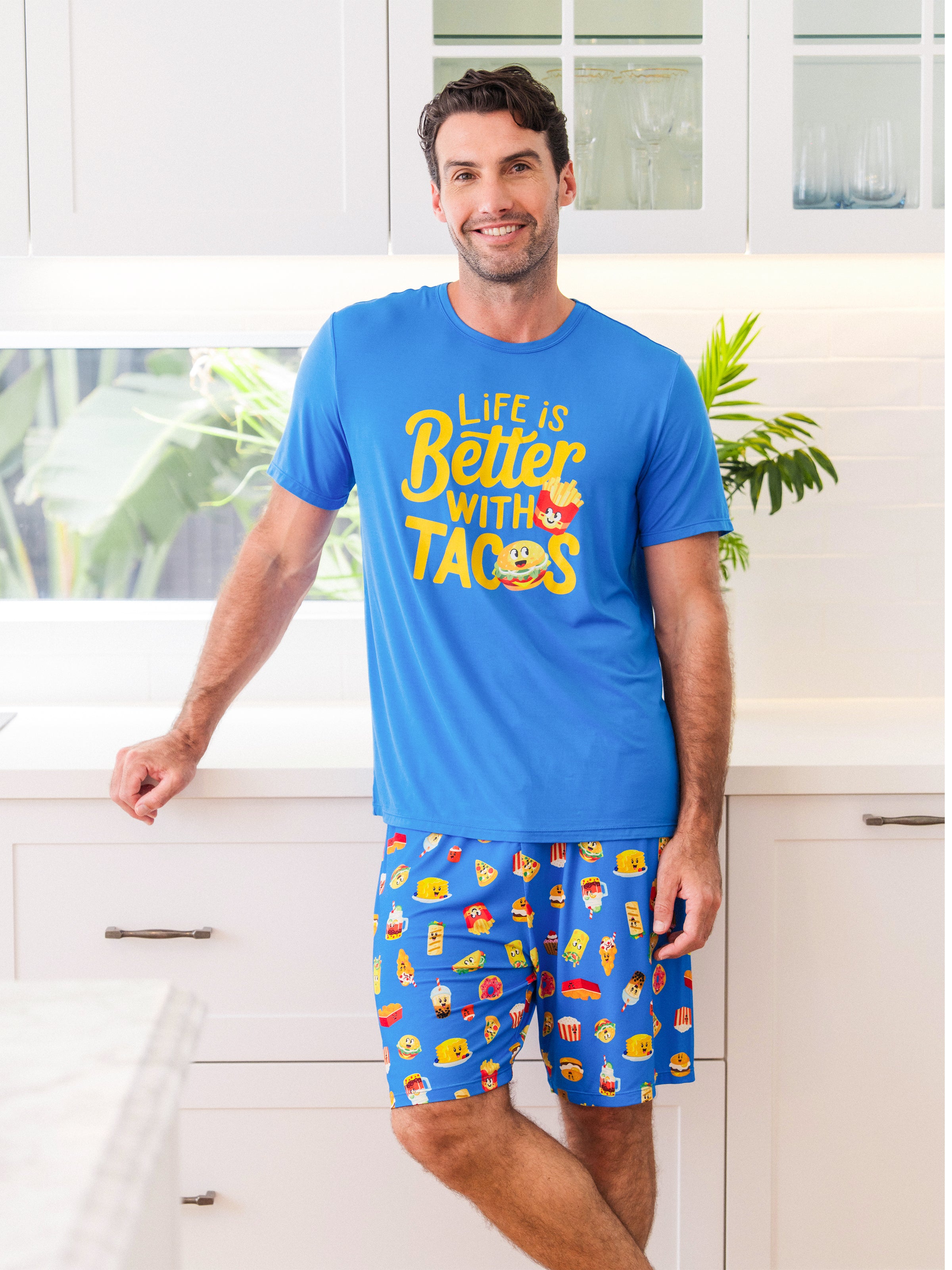 Family Matching Bamboo Pajamas Buttery Soft Bamboo PJs for Men Women Kids Toddler, Cute Burger & Fries Print Short Sleeve Sleepwear (Snug-Fitting for Children) Royal Blue