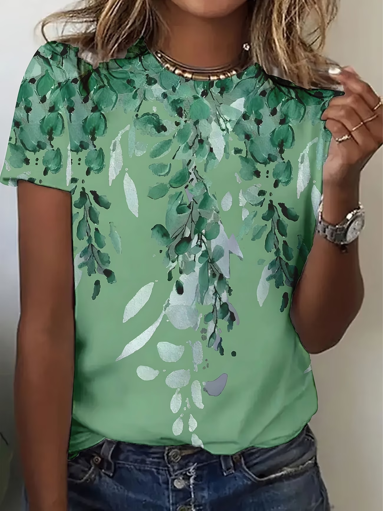 Women's Short Sleeve T-shirt Summer Green Floral Printing Jersey Crew Neck Daily Going Out Casual Top