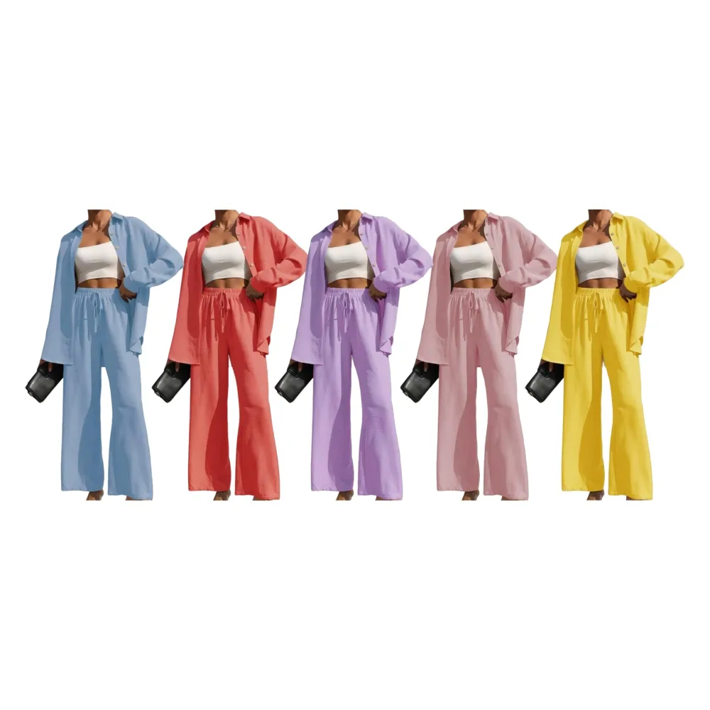 Women's Solid Button Front Shirt & Tie Front Wide Leg Pants (Under $3 a set!)