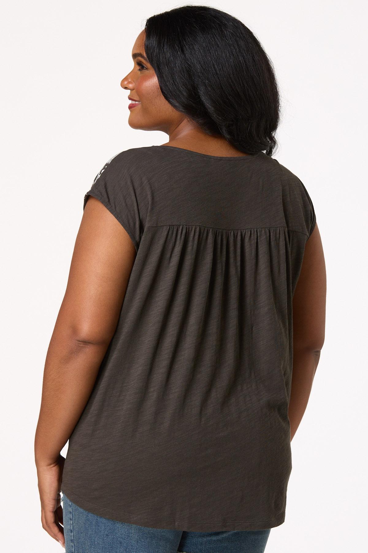 Plus Size Tasseled Embroidered Shoulder Tee
