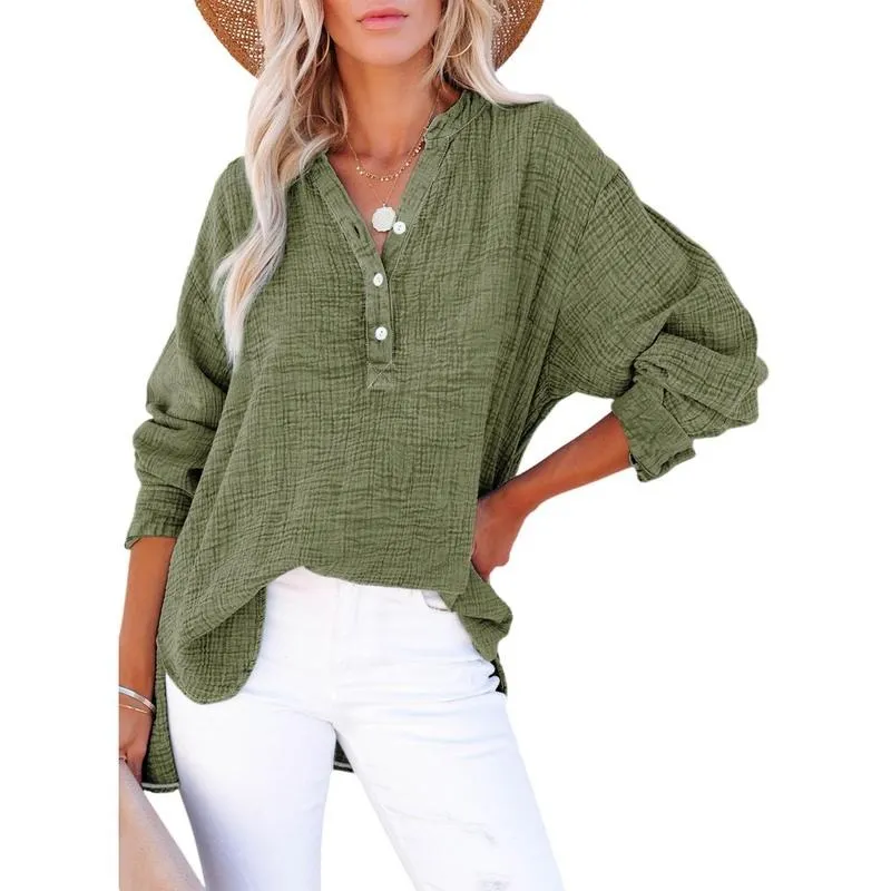 Women's Casual Button V Neck Long Sleeve Shirts Oversized Solid Blouses Tops