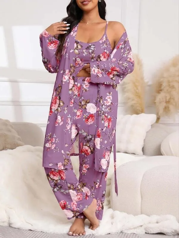 3-Piece Set Floral Print Belted Lounge Robe & Cami Top & Elastic